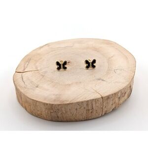 Women's 14K Yellow Gold Mini Butterfly Black Enamel Stud Earrings **